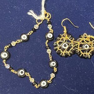 NWT Handmade Bracelet and Earrings set Evil Eye Gold plated wire By ME